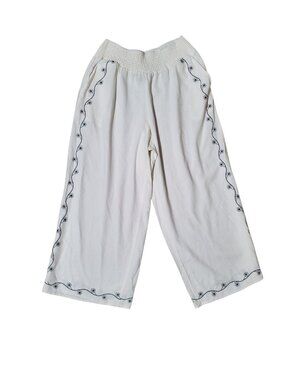 Tahari Linen Viscose Floral Embroidered Smocked Waist White Wide Leg Pant XL